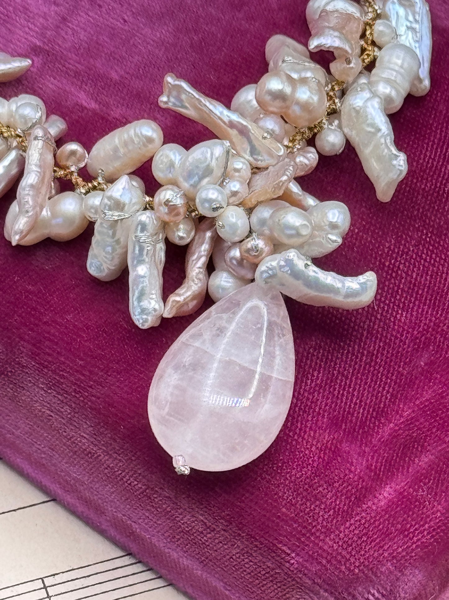 Handmade Pearl Rose Quartz Necklace Hand Knotted Baroque Pearls 16”
