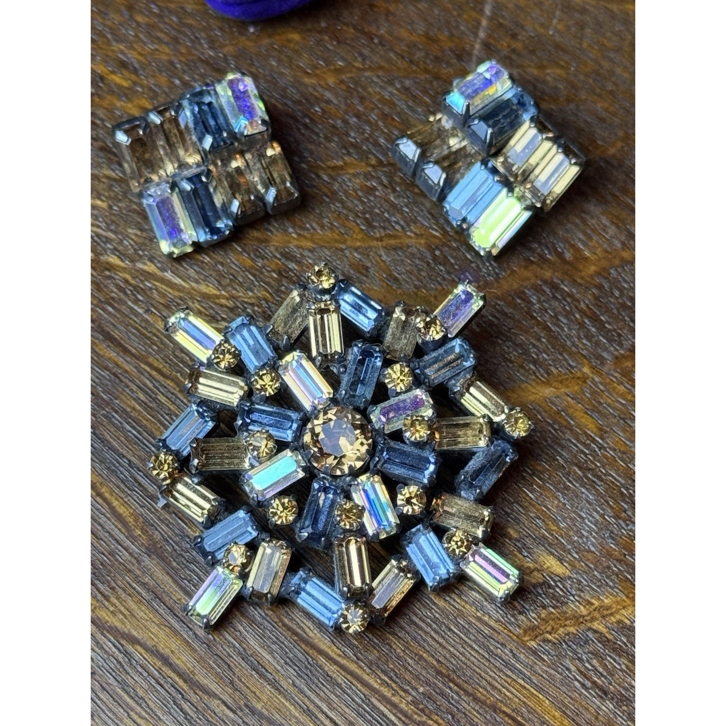 Signed Weiss Blue Bronze AB Rhinestone Demi Parure