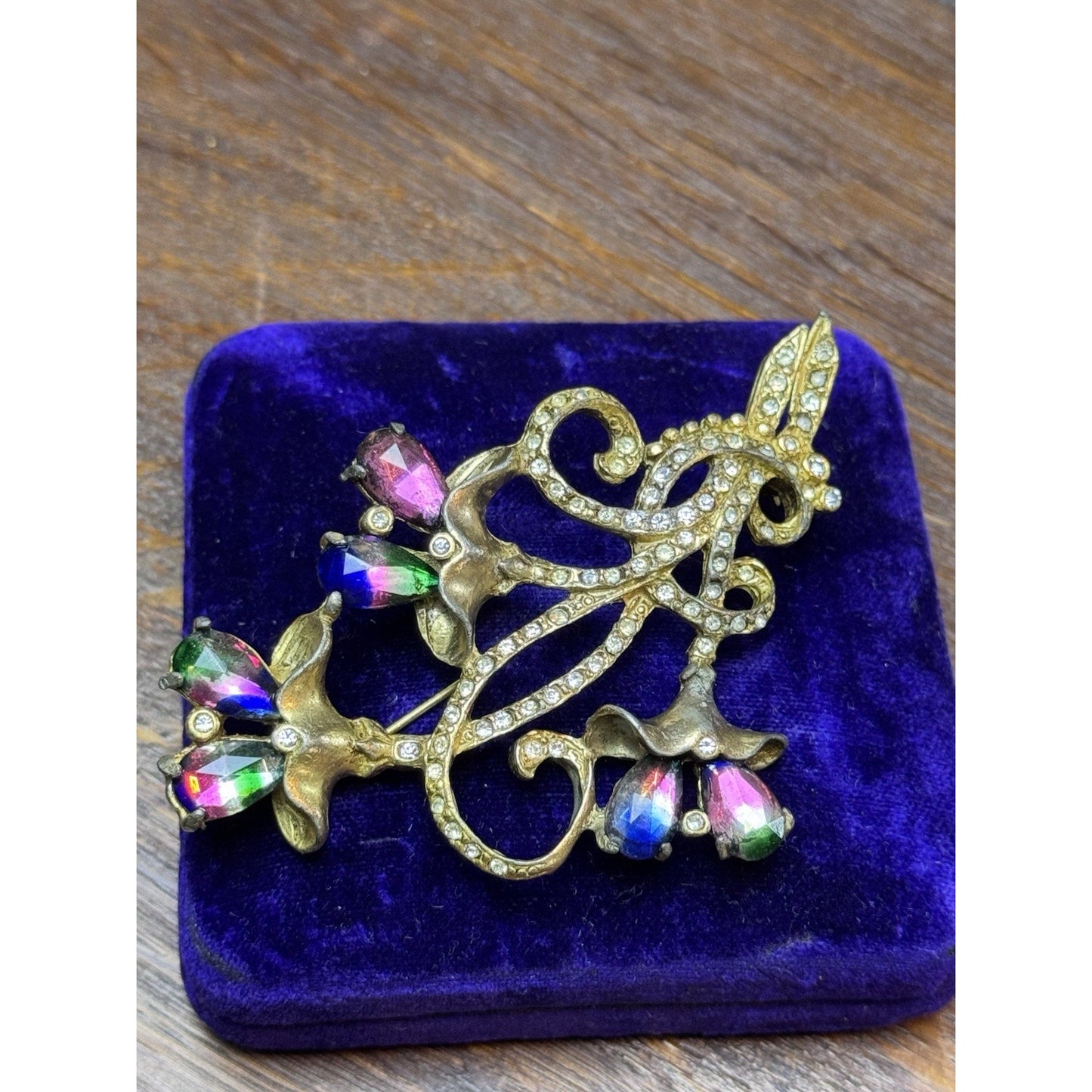 Vintage Brooch Pot Metal Floral Iris Watermelon Rhinestone Clear Paste Pin 3.75”