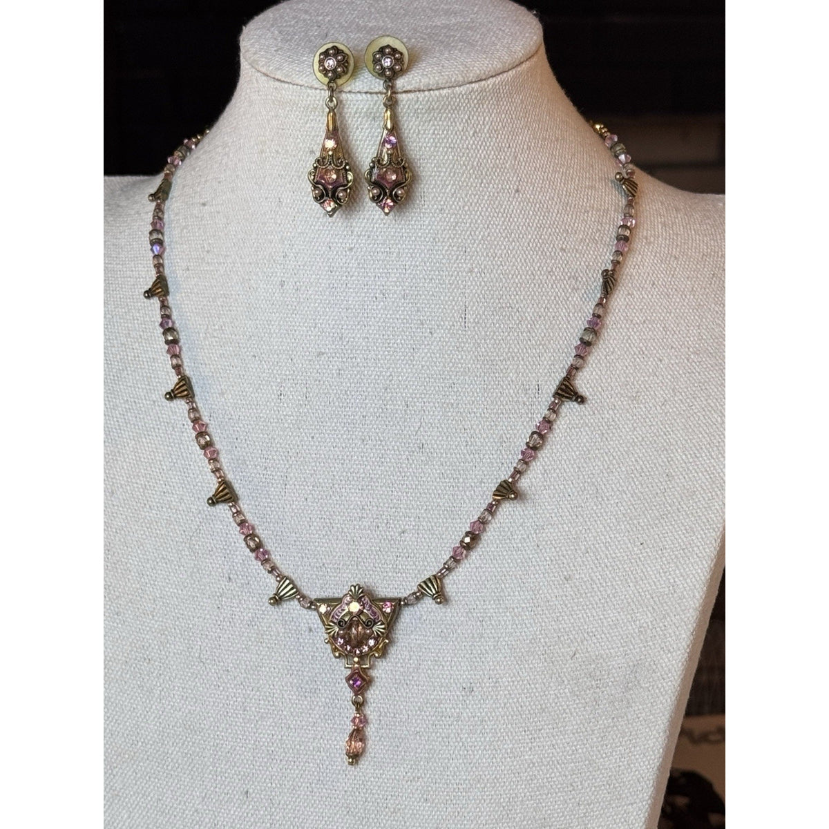 Michal Golan Necklace Earring Set Pink Rhinestone Beaded Goldtone Vintage 19”