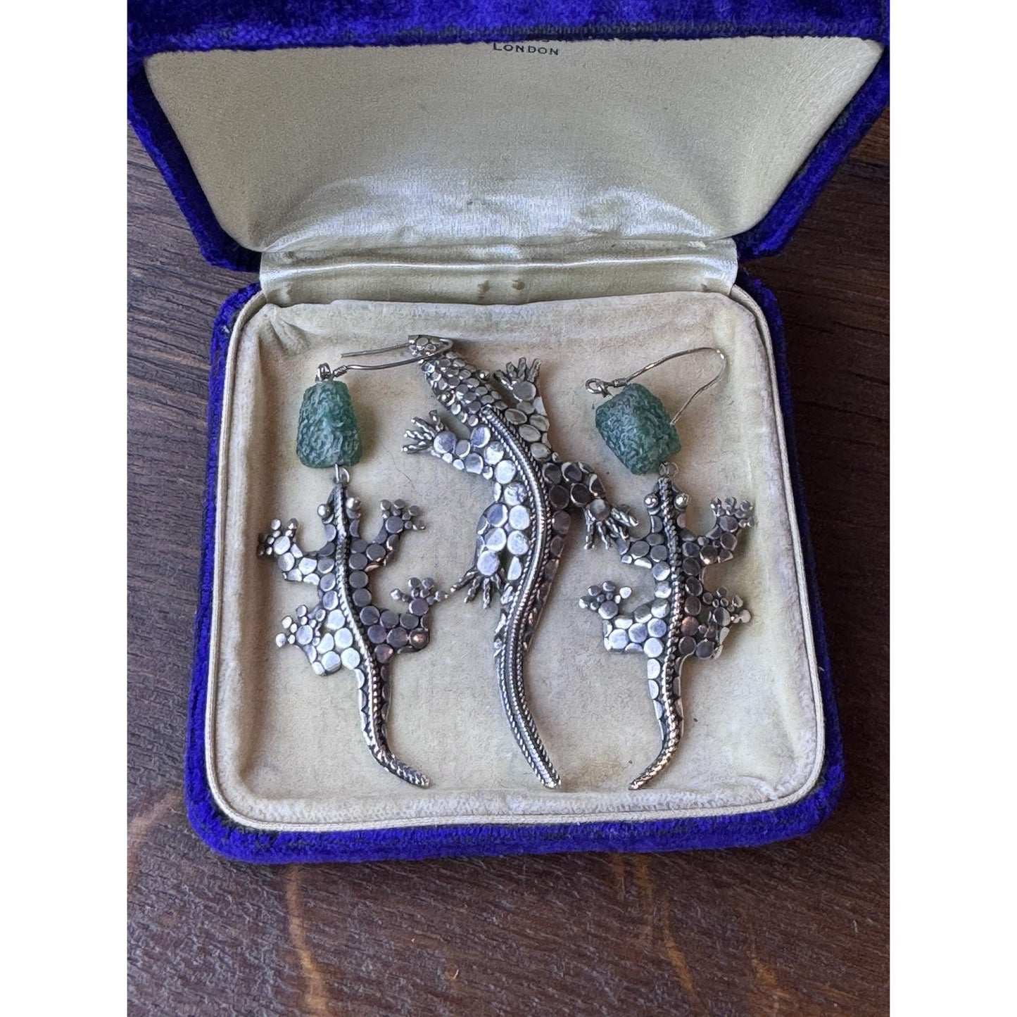 Vintage 925 Sterling Gecko Brooch Earrings Set Green Glass Beads Handmade