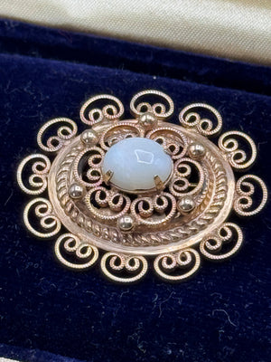Vintage Winard 12K GF Etruscan Revival Brooch White Cabochon Filigree Pin
