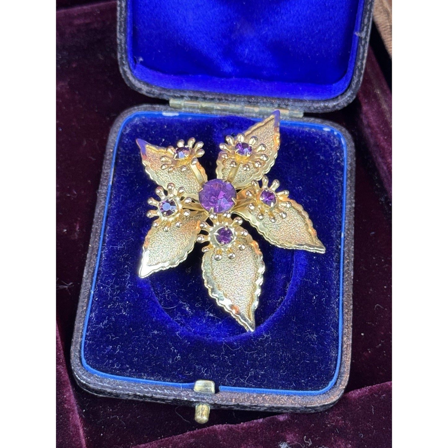 Vintage Purple Rhinestone Brooch Goldtone Flower Floral Statement Jewelry Pin 2”