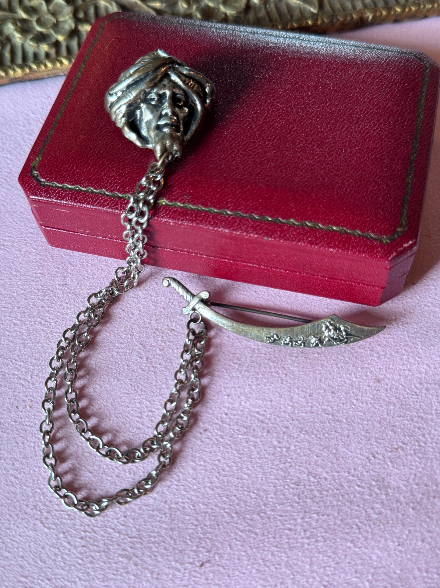 Vintage Chatelaine Brooch Turban Head “”Scimitar Toy Sword”” Dangle Chain Silvertone