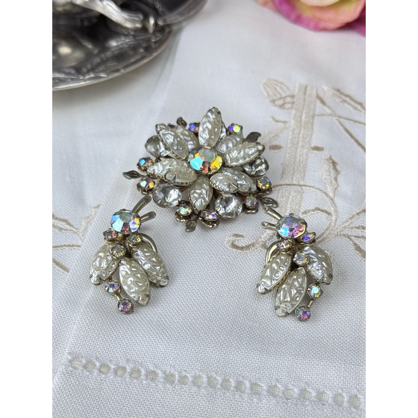 Brooch Clip Earrings Demi Parure Set Vintage Faux Pearl AB Rhinestone Floral