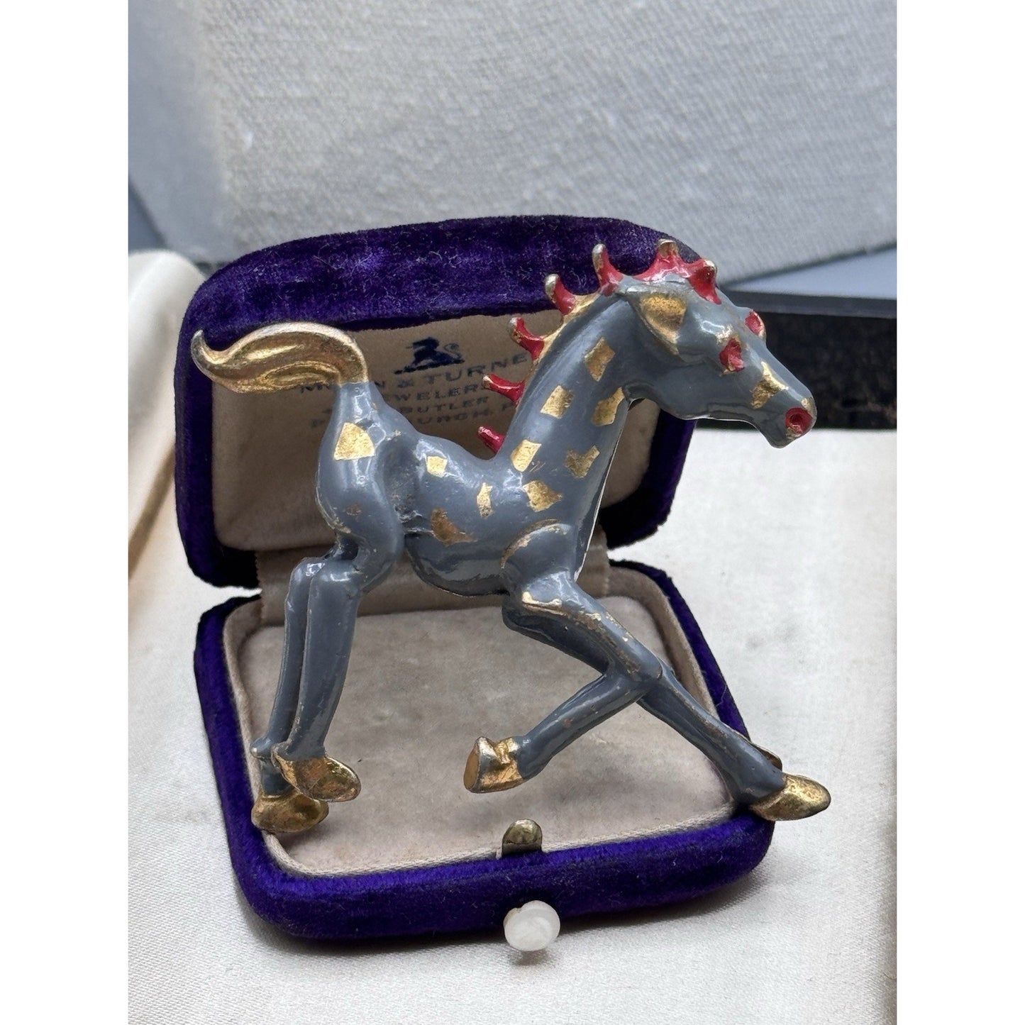 Vintage Horse Brooch Hand Painted Gray Red Gold Enameled Figural Equestrian