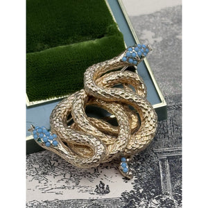 Les Bernard Snake Brooch Goldtone Serpent Blue Cabochon 2” Signed Inc Vintage