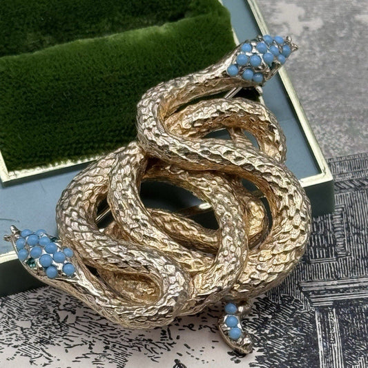 Les Bernard Snake Brooch Goldtone Serpent Blue Cabochon 2” Signed Inc Vintage