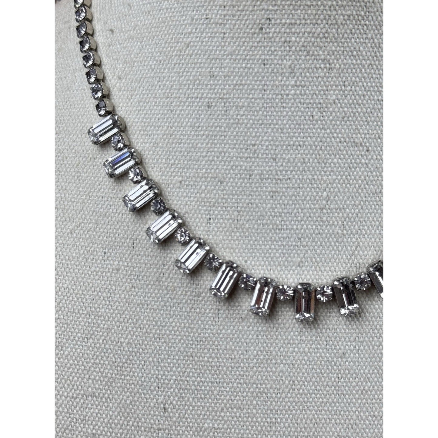 Vintage WEISS Necklace Clear Rhinestone Baguette Fringe – Signed – Circa 1950s