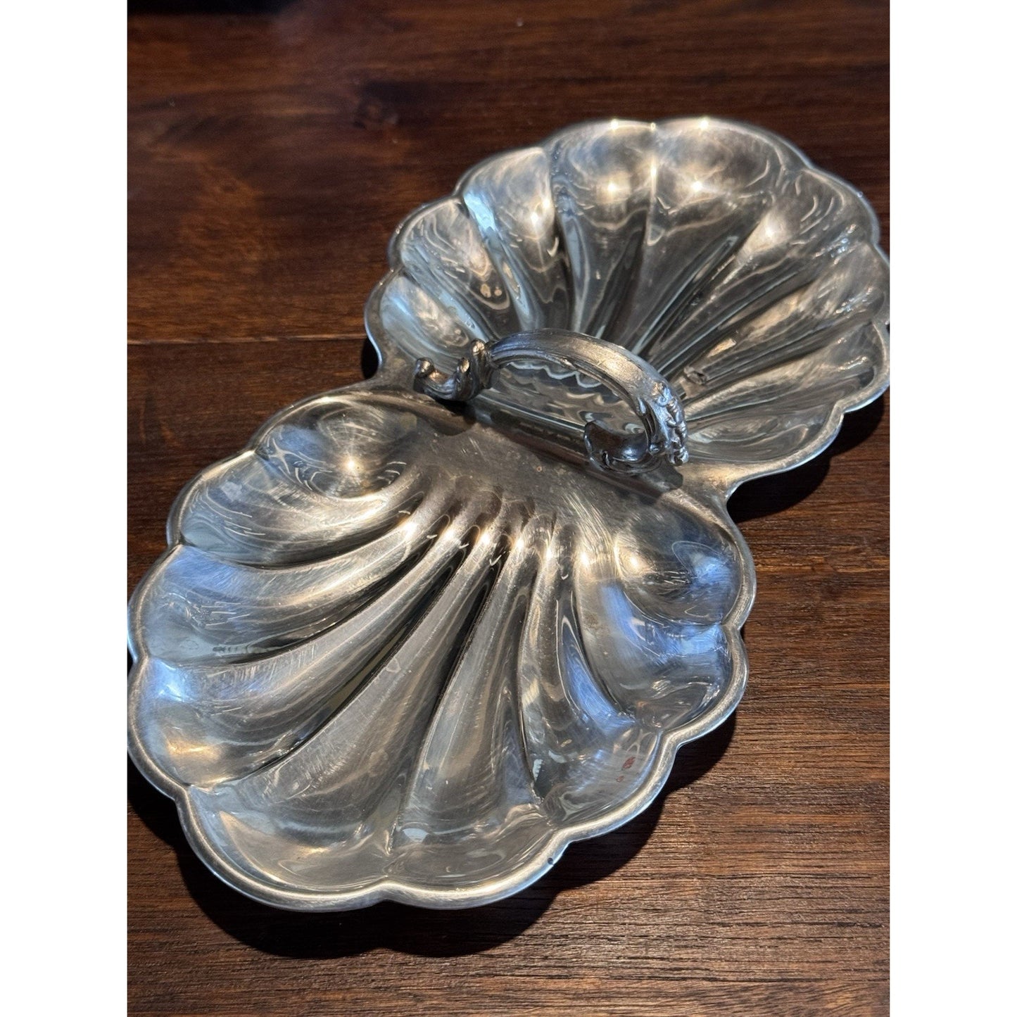Silverplate Double Shell Dish Nut Candy Relish Bowl Serving Dish 10.75” Vintage