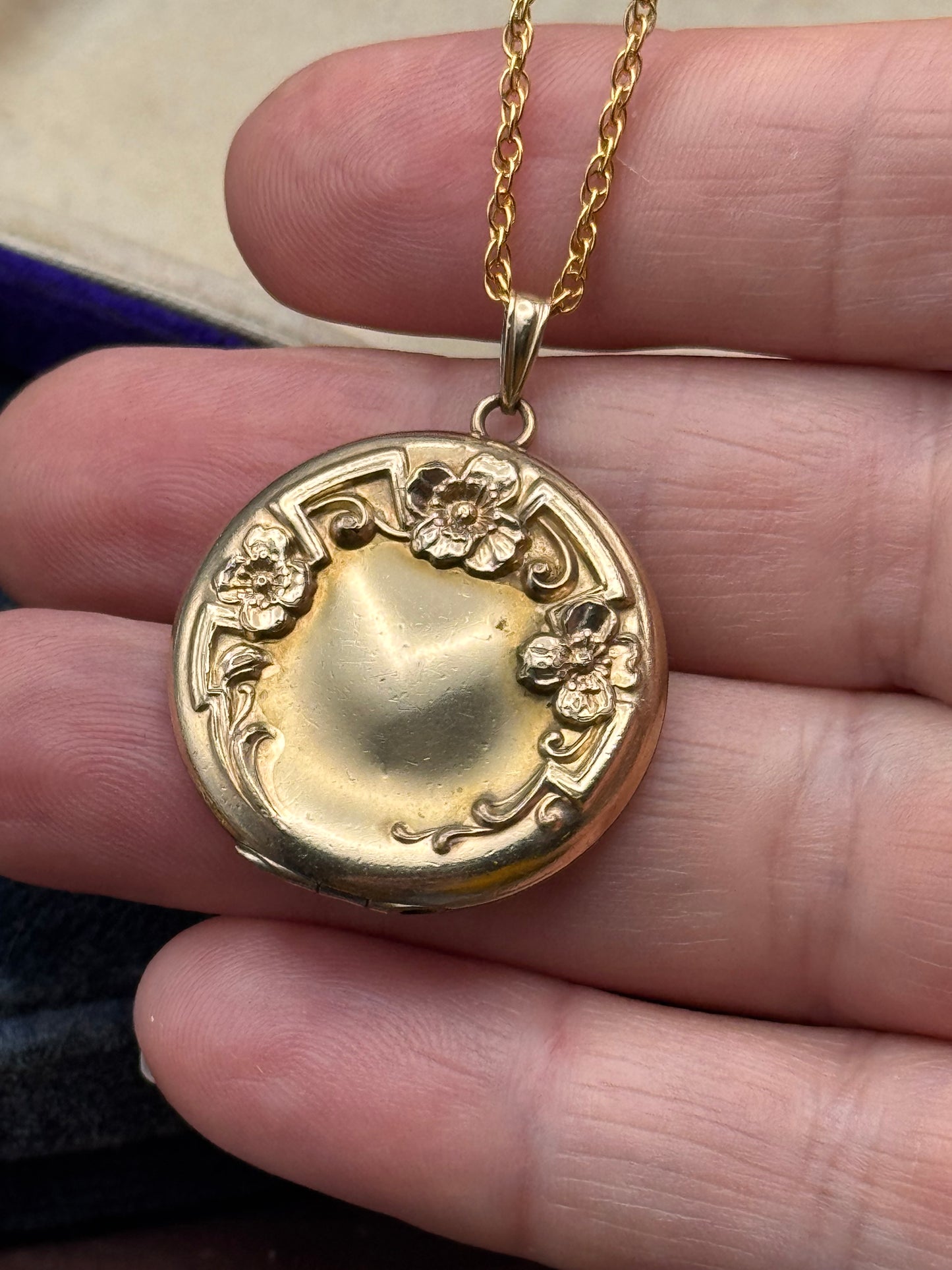 Antique Gold Filled Locket Floral Repoussé Sterling Vermeil Chain 19.5”