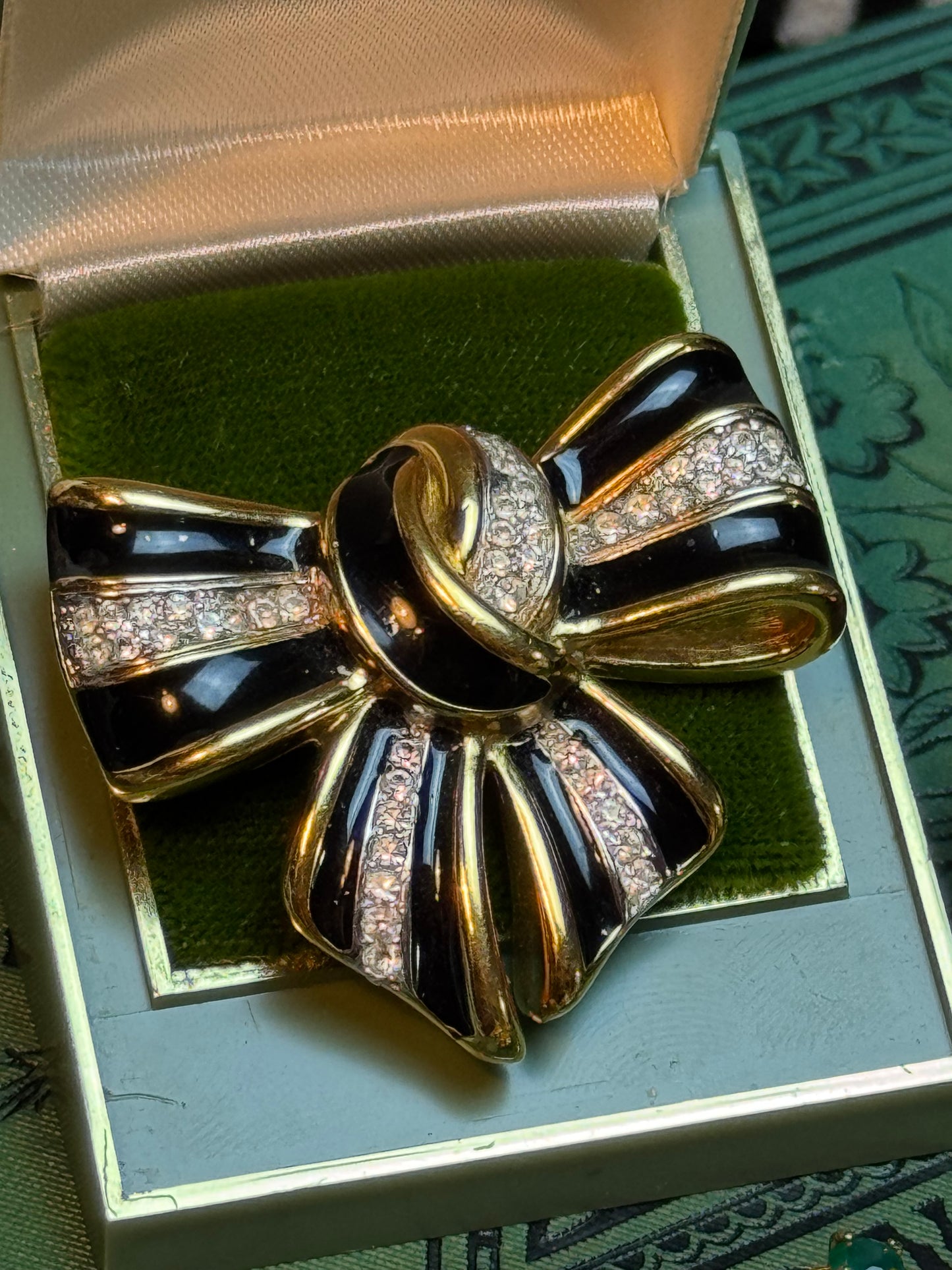 Vintage Lanvin Paris Bow Brooch – Black Enamel & Swarovski Crystal – Signed Lanvin Germany