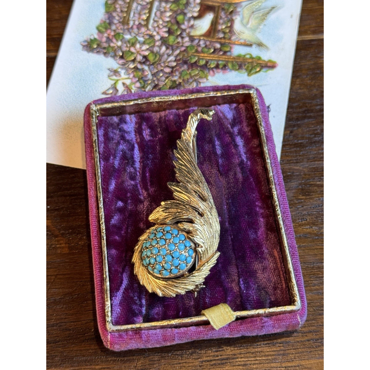 Signed Hattie Carnegie Brooch Goldtone Feather Turquoiseblue Glass 2.5”