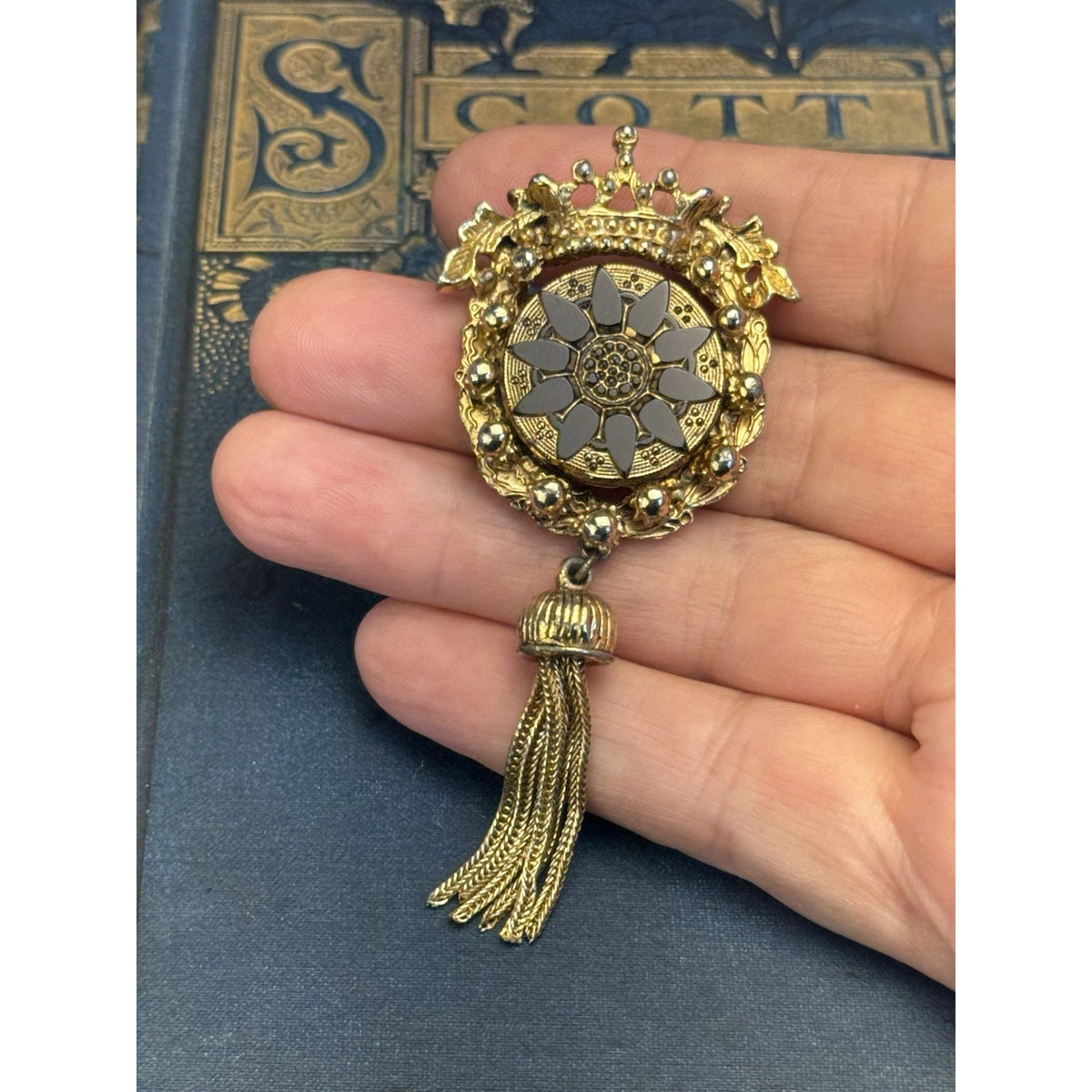 Vintage Brooch Signed SPHINX Black Goldtone Tassel Dangle Statement 3.25”