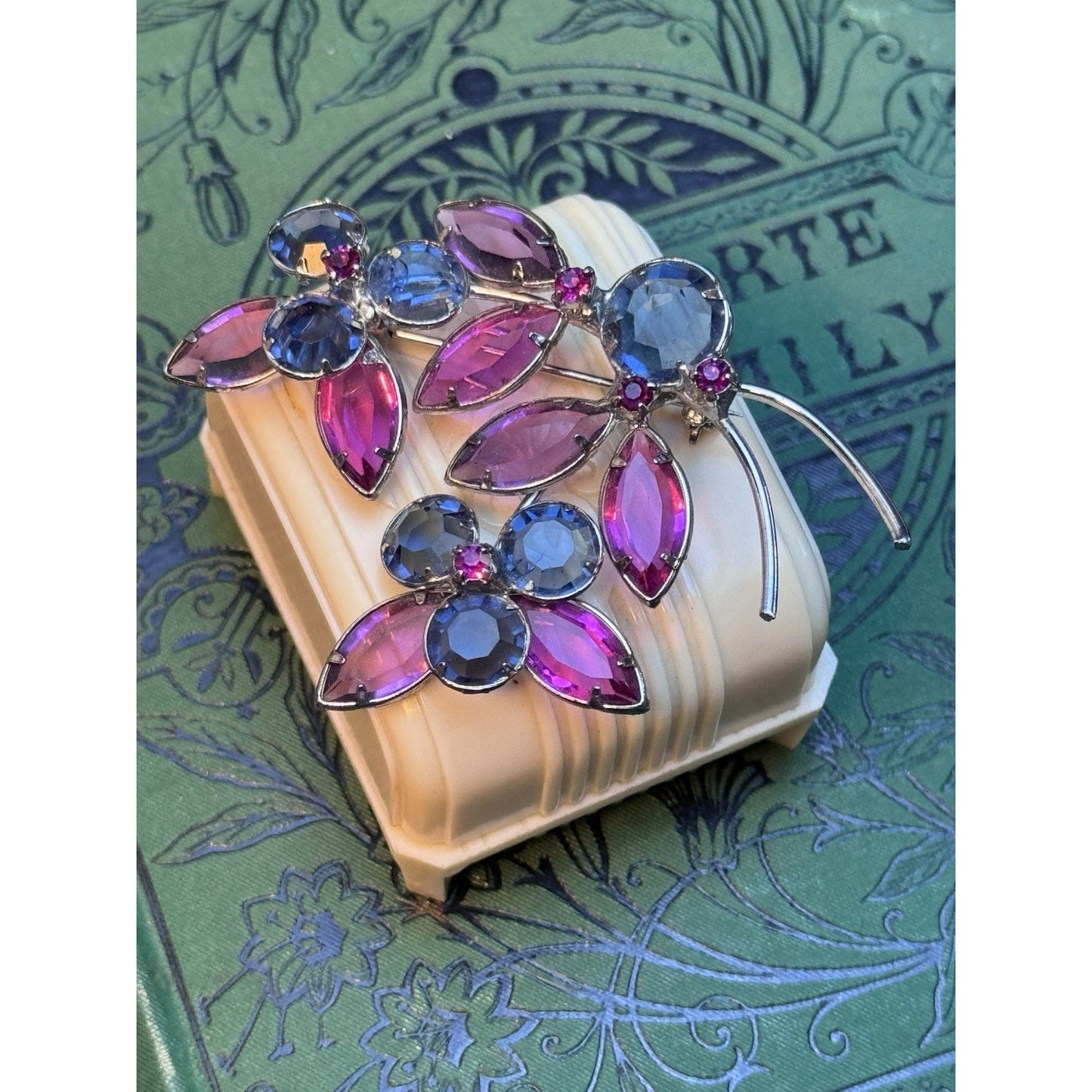 Vintage Blue Pink Rhinestone Flower Brooch Duo Set Silver Tone Floral Pins