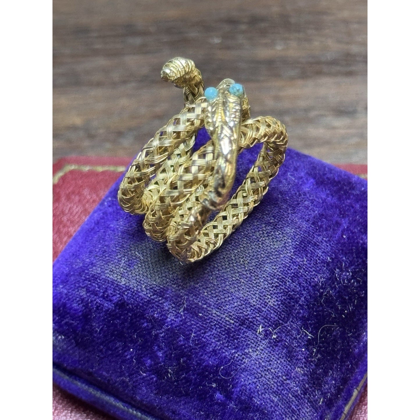 Vintage Goldtone Snake Wrap Ring Light Blue Eyes Woven Mesh Serpent Adjustable