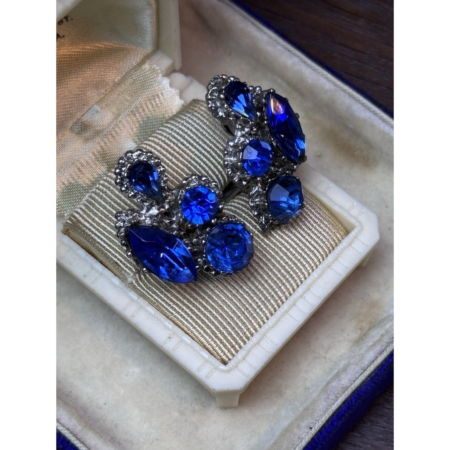 Vintage Cobalt Blue Rhinestone Clip On Earrings Silvertone