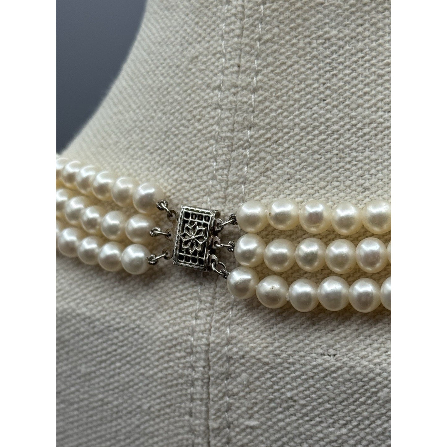 Vintage Cultured Pearl Necklace 3 Strand 16” White Pearls Silvertone Clasp
