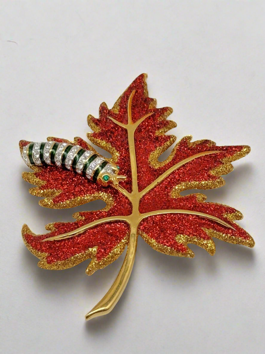 Joan Rivers Brooch Pin Red Glittering Maple Leaf With Caterpillar