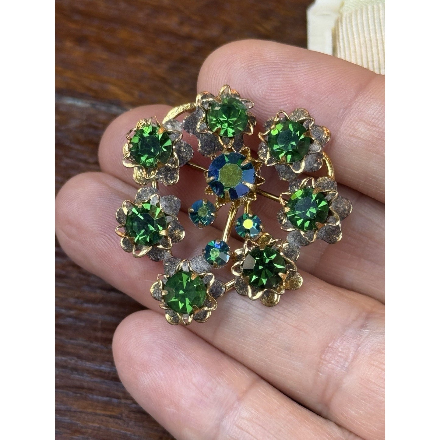 Vintage Heart Brooch Green Rhinestone Goldtone Floral Costume Jewelry 1.5”