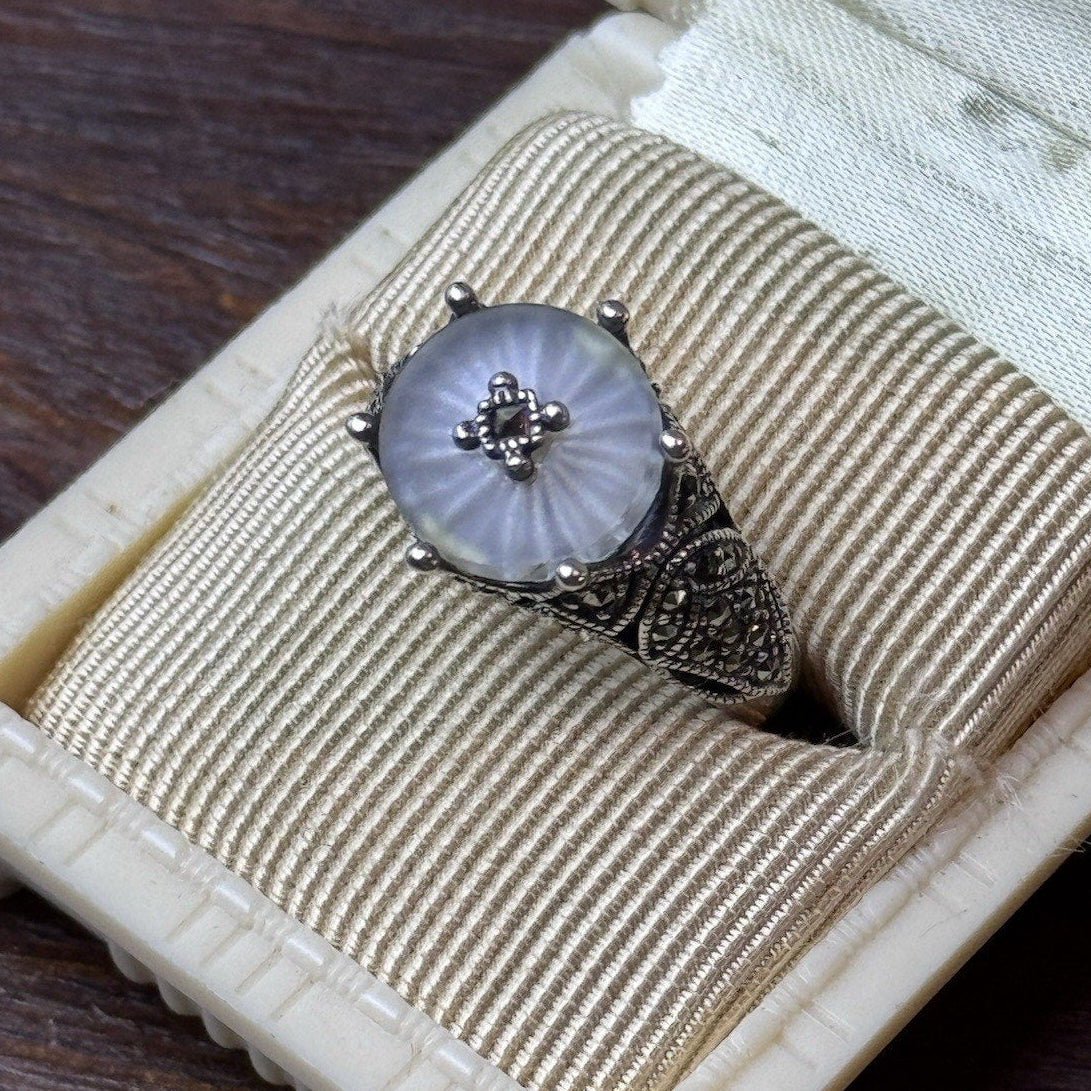 Sterling Silver Camphor Glass Marcasite Ring Size 6.75 Art Deco Style