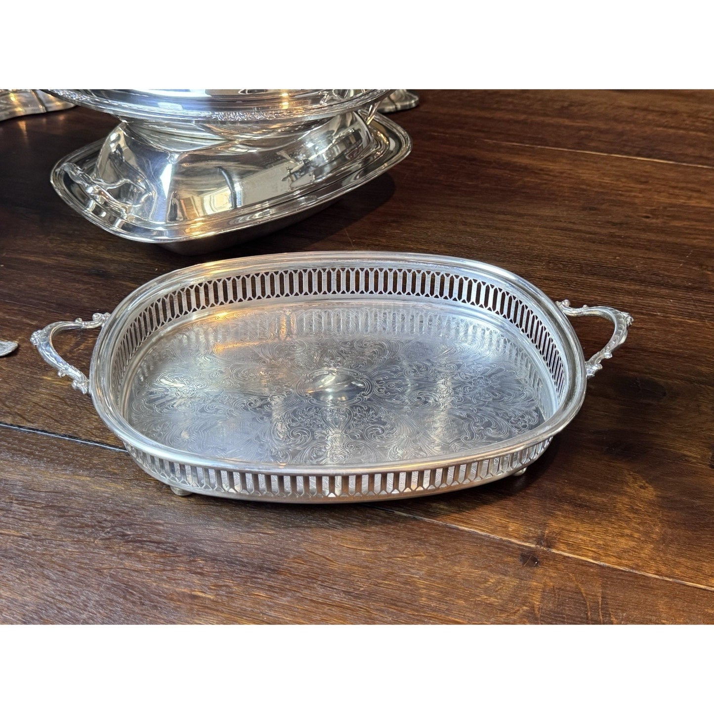 Silverplate Gallery Tray Footed Handled Wallace Ornate Serving Vanity 14”