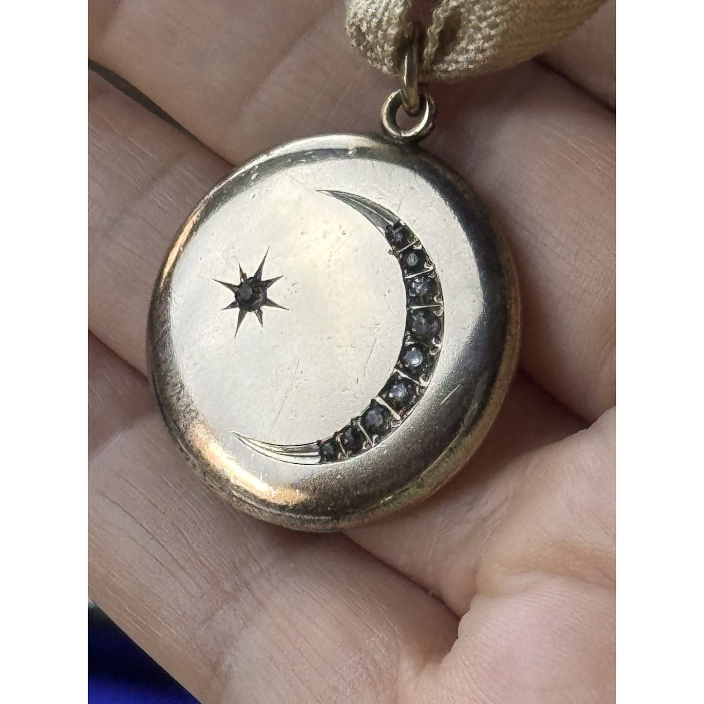 Antique Crescent Moon Locket Gold-Filled Paste Stones W&H Co 1.25” Engraved