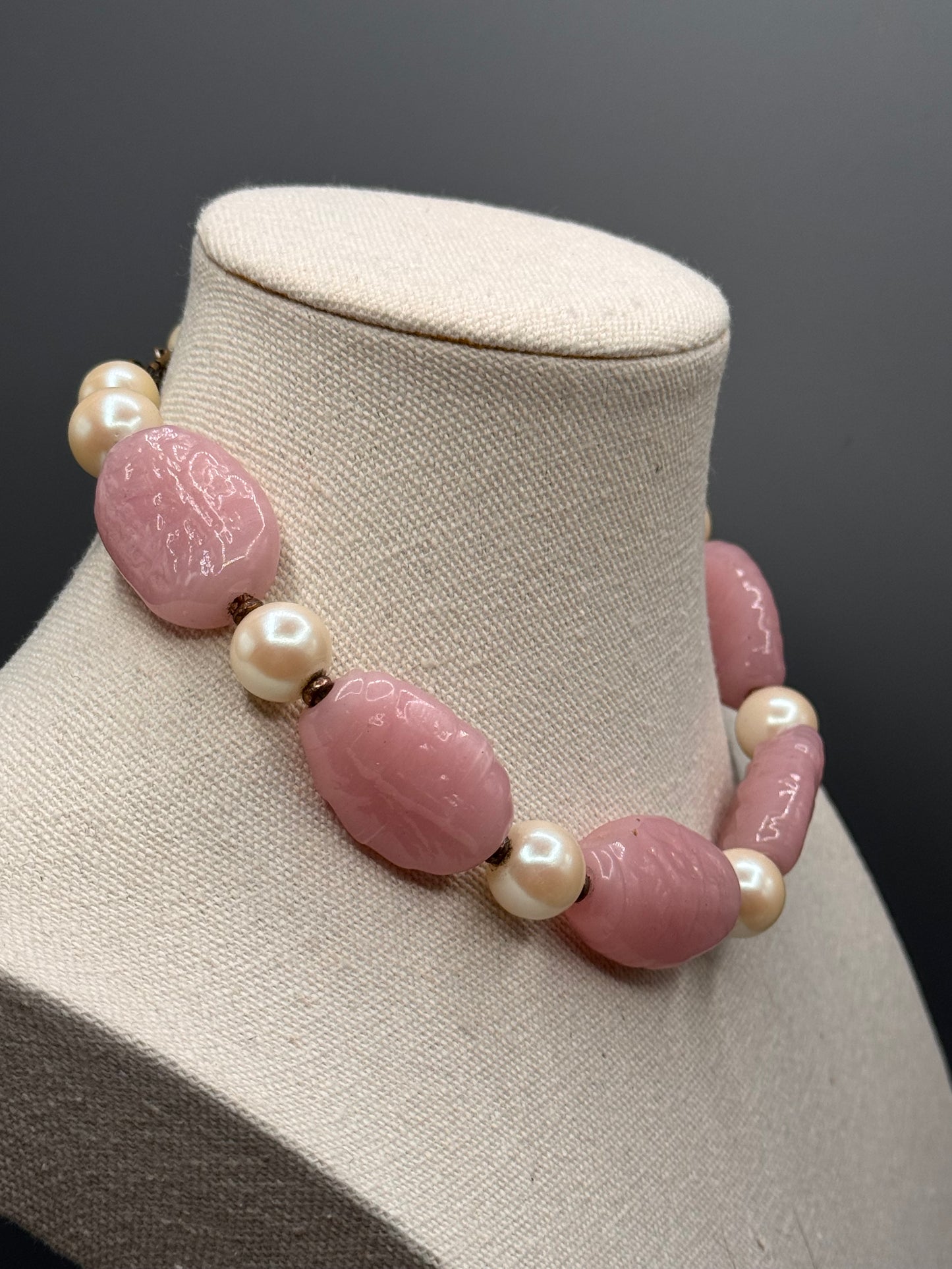 Signed Miriam Haskell Pink Art Glass & Faux Pearl Beaded Necklace