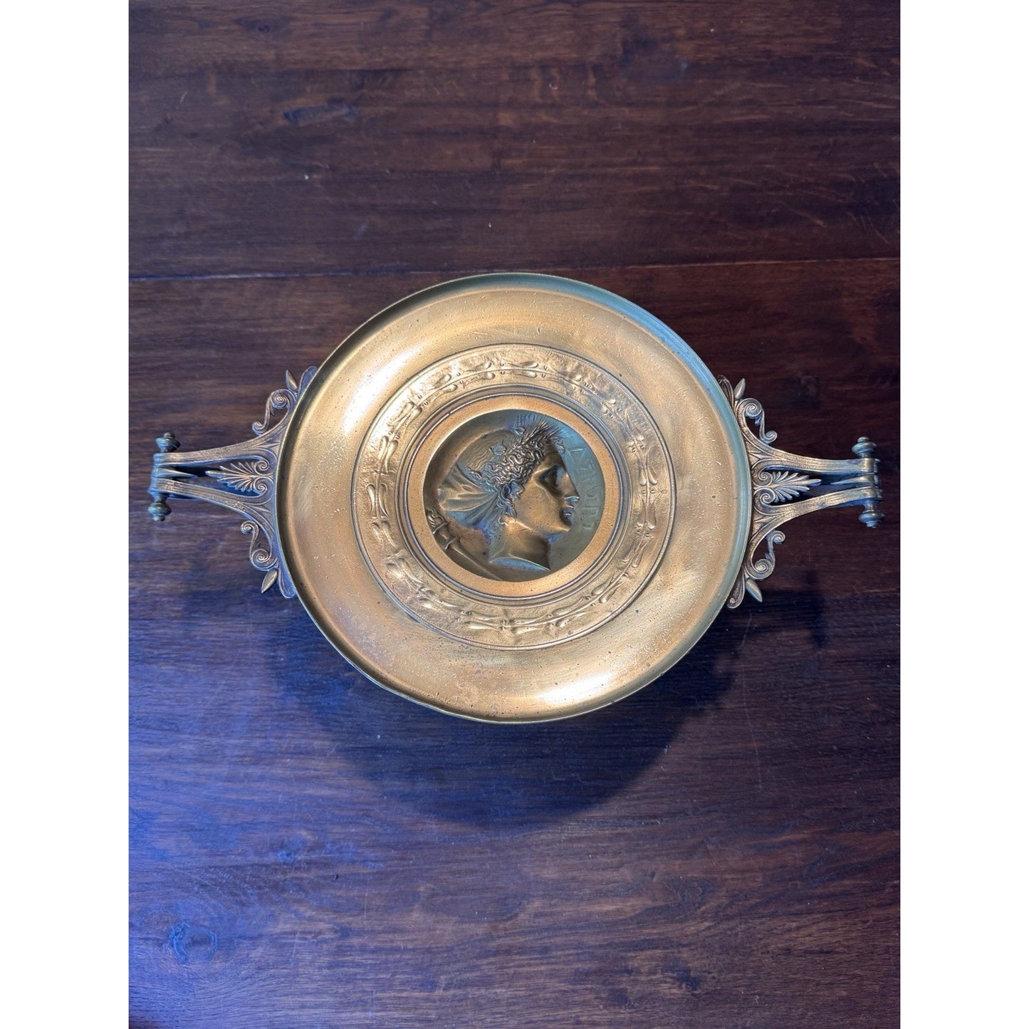 Antique Brass Tazza Compote Classical Medallion Pedestal Dish 14” Handles