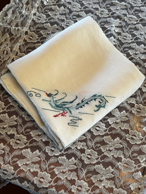 Vintage Chinoiserie Table Topper Cross Stitch Phoenix Motif 36” Linen Square