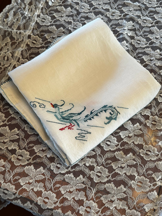 Vintage Chinoiserie Table Topper Cross Stitch Phoenix Motif 36” Linen Square