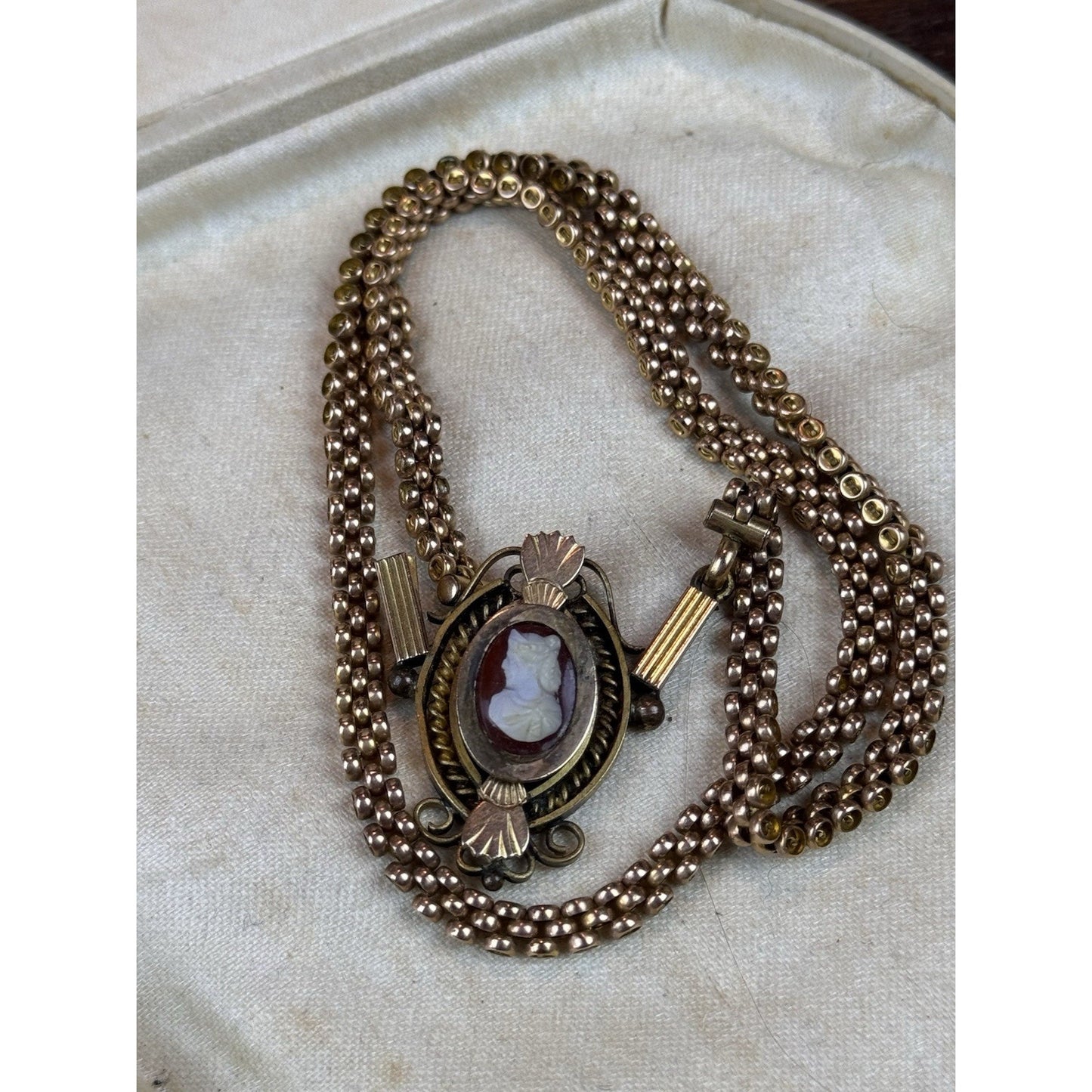 Antique Gold Filled Cameo Necklace Victorian Edwardian Ornate Filigree 18.5”