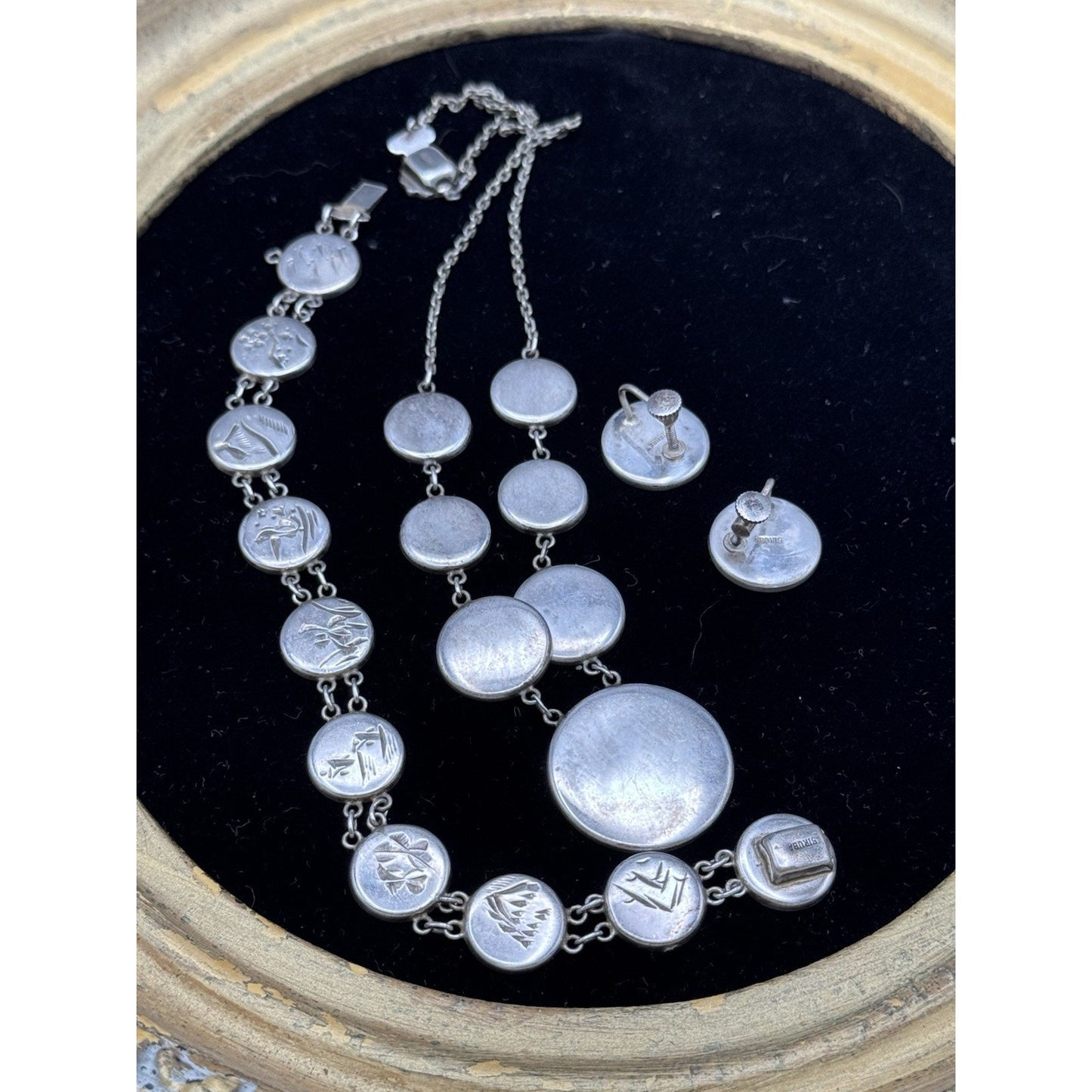 Japanese Damascene Necklace Set Silver Bracelet Earrings Floral Vintage