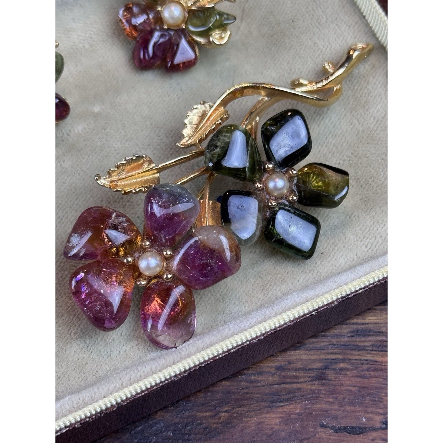 Vintage BARCS Stone Flower Brooch Earrings Set C725 Goldtone Australia