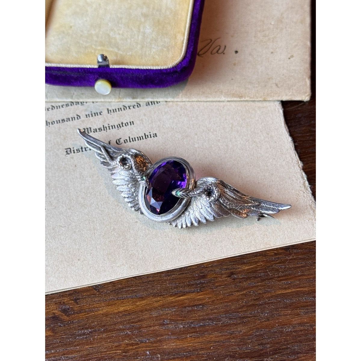 Sterling Isis Brooch Egyptian Revival Purple & Green Stones 3” x .75”