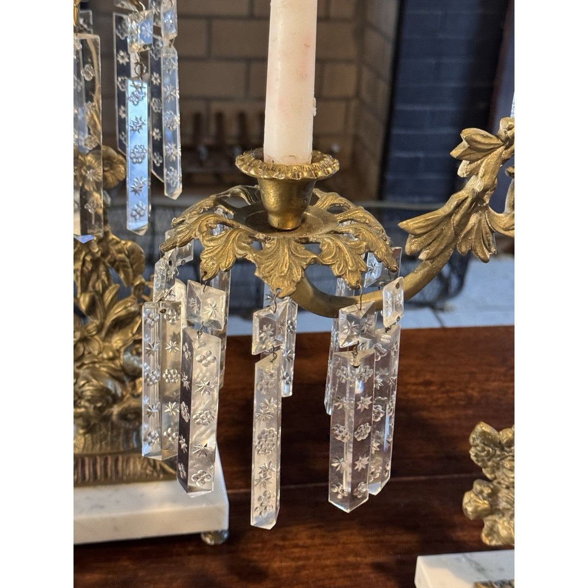 Girandole Candelabra Set Goldtone Floral Marble Crystal Prisms 3 Piece 18” 15.5”