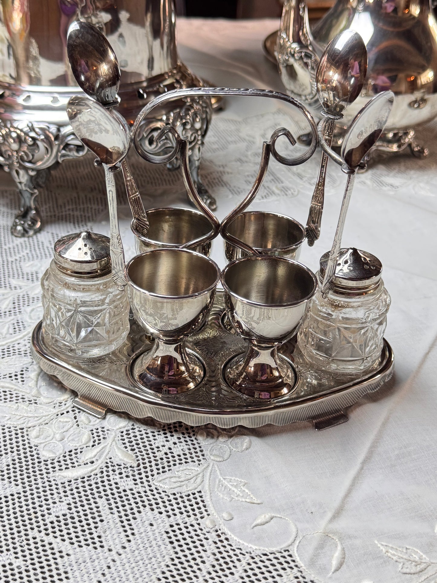 Early 20th Century Chrome Egg Cruet Set Apostle Spoons Salt Pepper Server 8”
