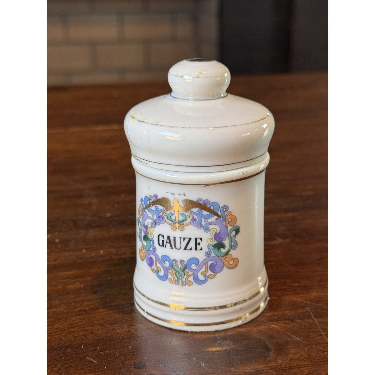 Vintage Porcelain Gauze Apothecary Jar Medical Canister With Lid 4.25”