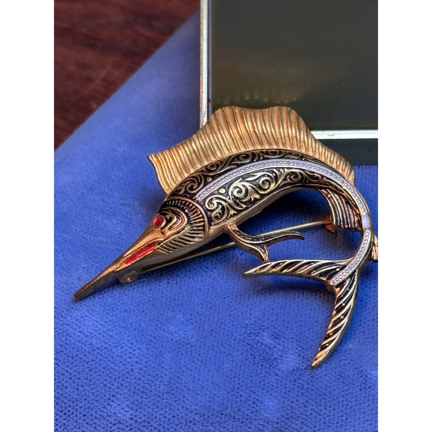 Goldtone Spain Damascene Brooch Pin Enamel Swordfish Marlin Vintage