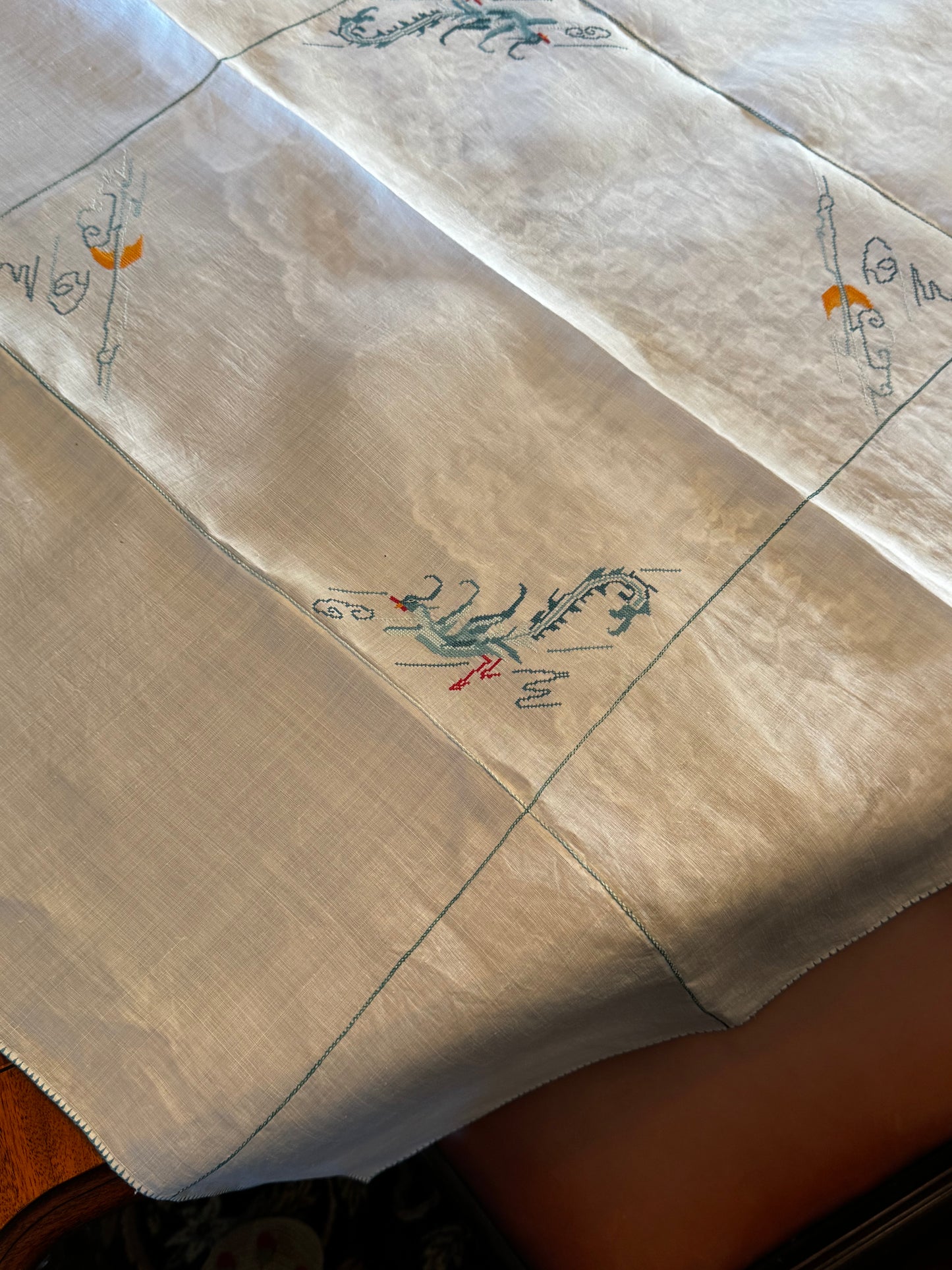 Vintage Chinoiserie Table Topper Cross Stitch Phoenix Motif 36” Linen Square