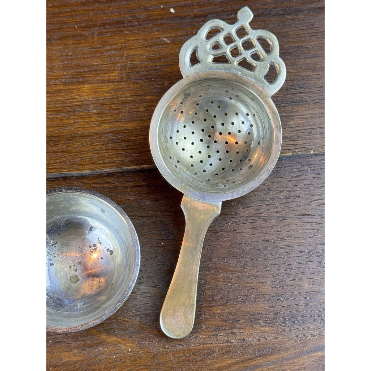 Vintage Silverplate Tea Strainer With Stand 9” Pierced Crown Handle Shabby Chic