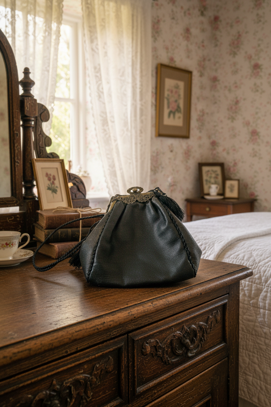 Antique Victorian STYLE Black Brown Leather Purse ESTATE FIND