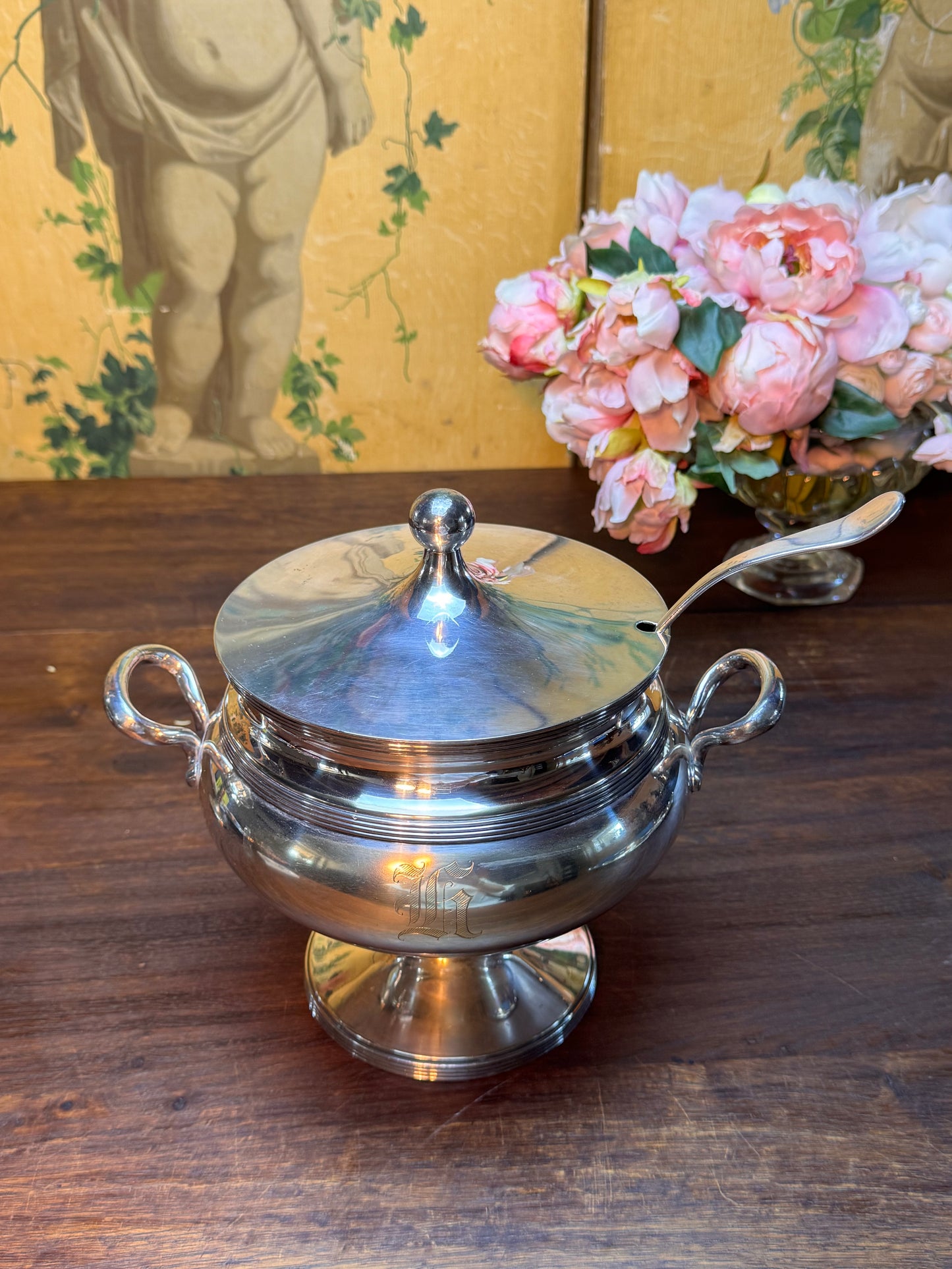 Antique Soup Tureen Lidded Footed Monogrammed Serving Bowl Ladle 9.5”