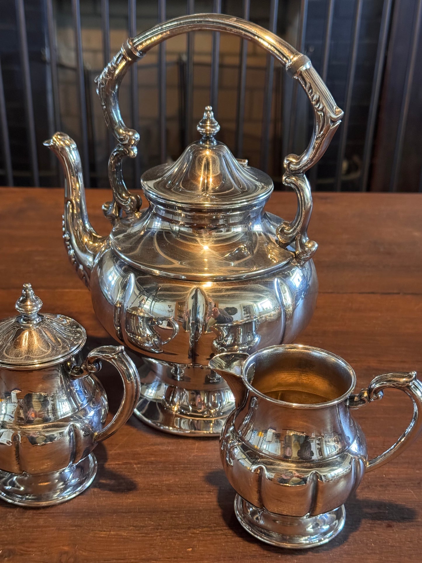 Silver Plate Tea Set 3Pc Footed Teapot Creamer Sugar Vintage