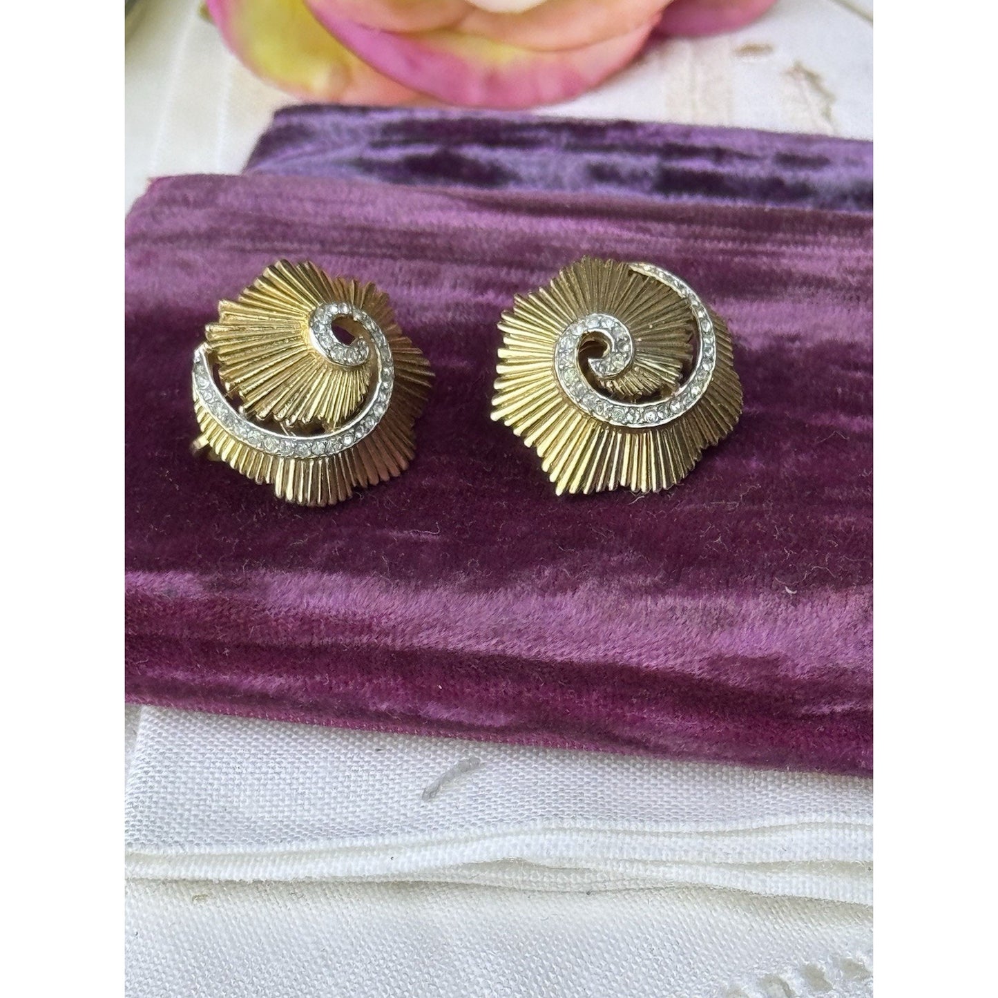 Vintage Trifari Clip Earrings Crown Trifari Goldtone Rhinestone Swirl .75”