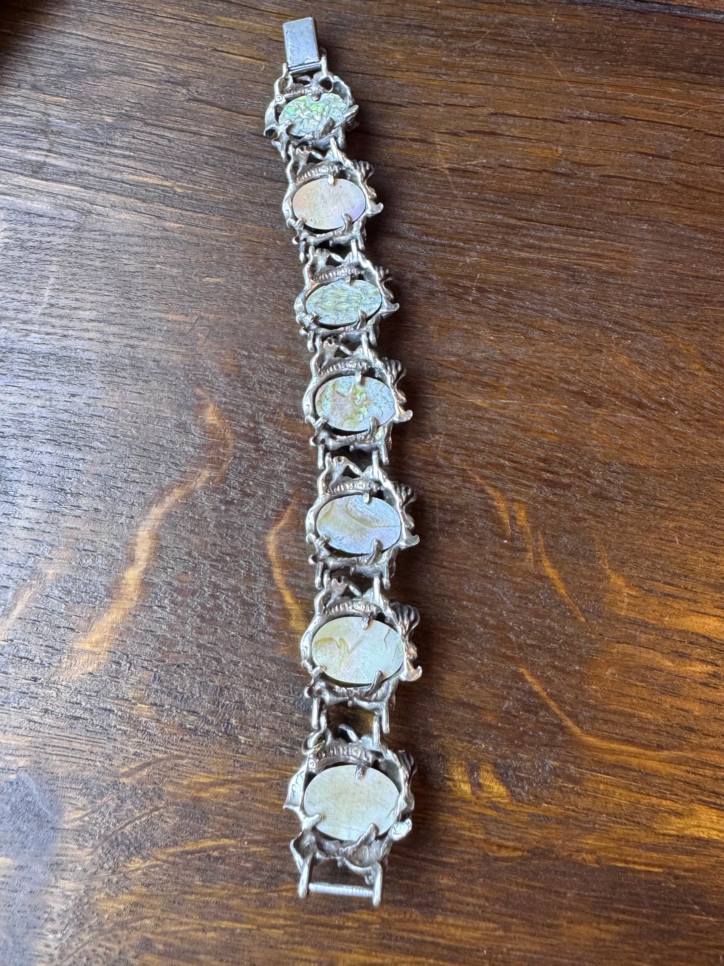 Vintage Sterling Mermaid Abalone Bracelet Fish Clasp 6.5” Art Nouveau Style