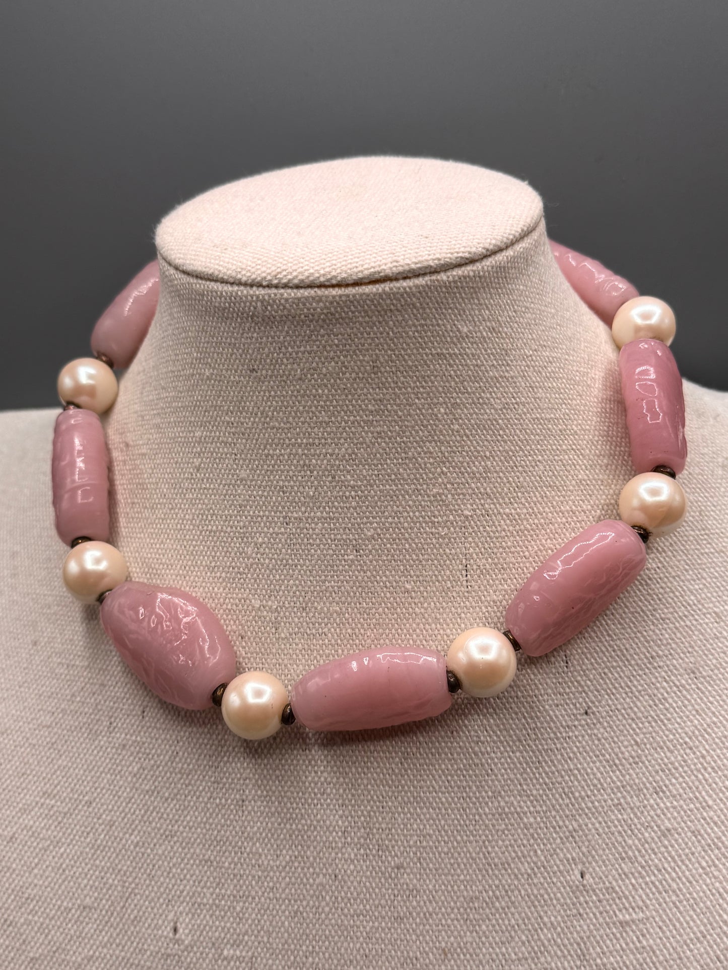 Signed Miriam Haskell Pink Art Glass & Faux Pearl Beaded Necklace