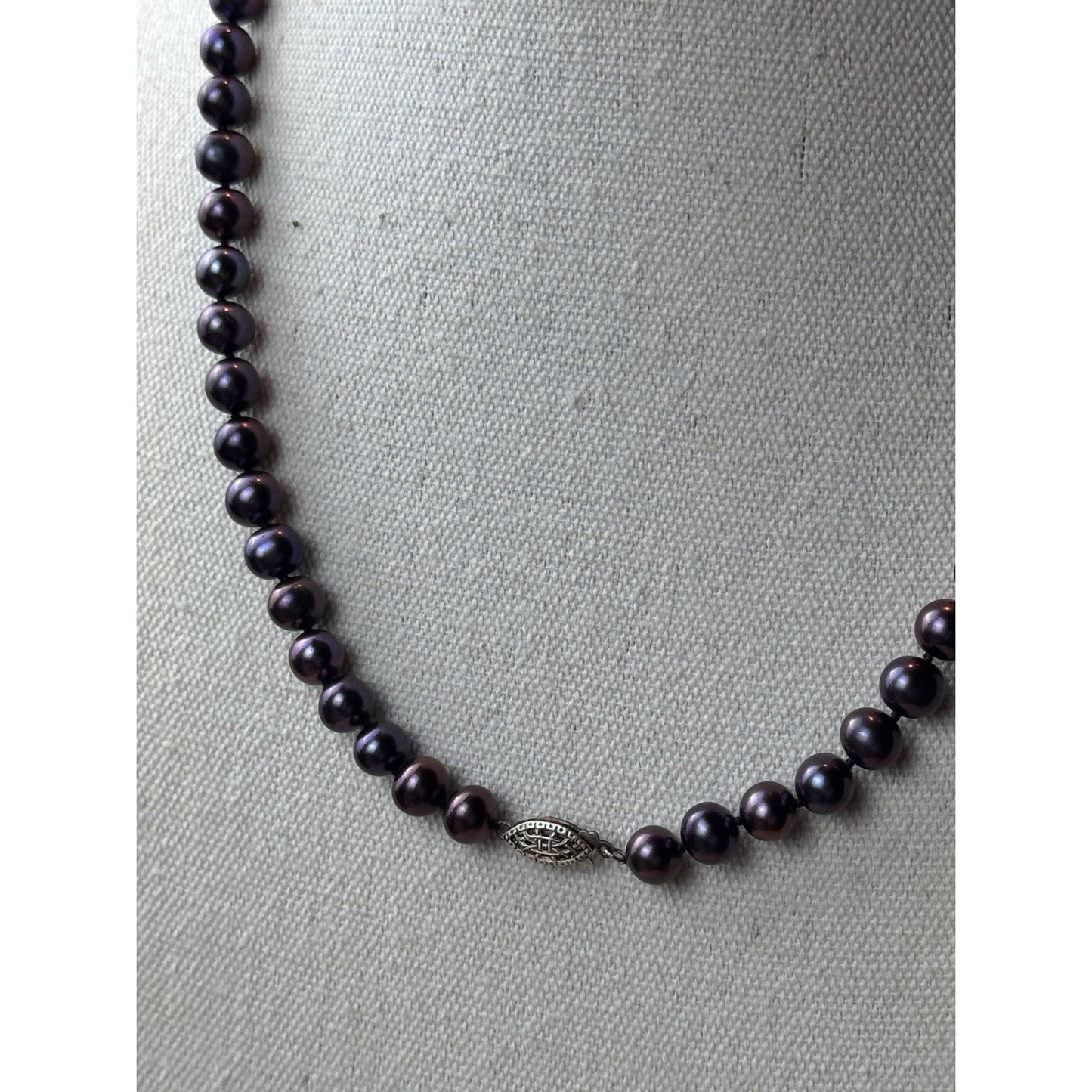 Purple Cultured Pearl Necklace Sterling Silver Clasp 20” 7mm Vintage Jewelry