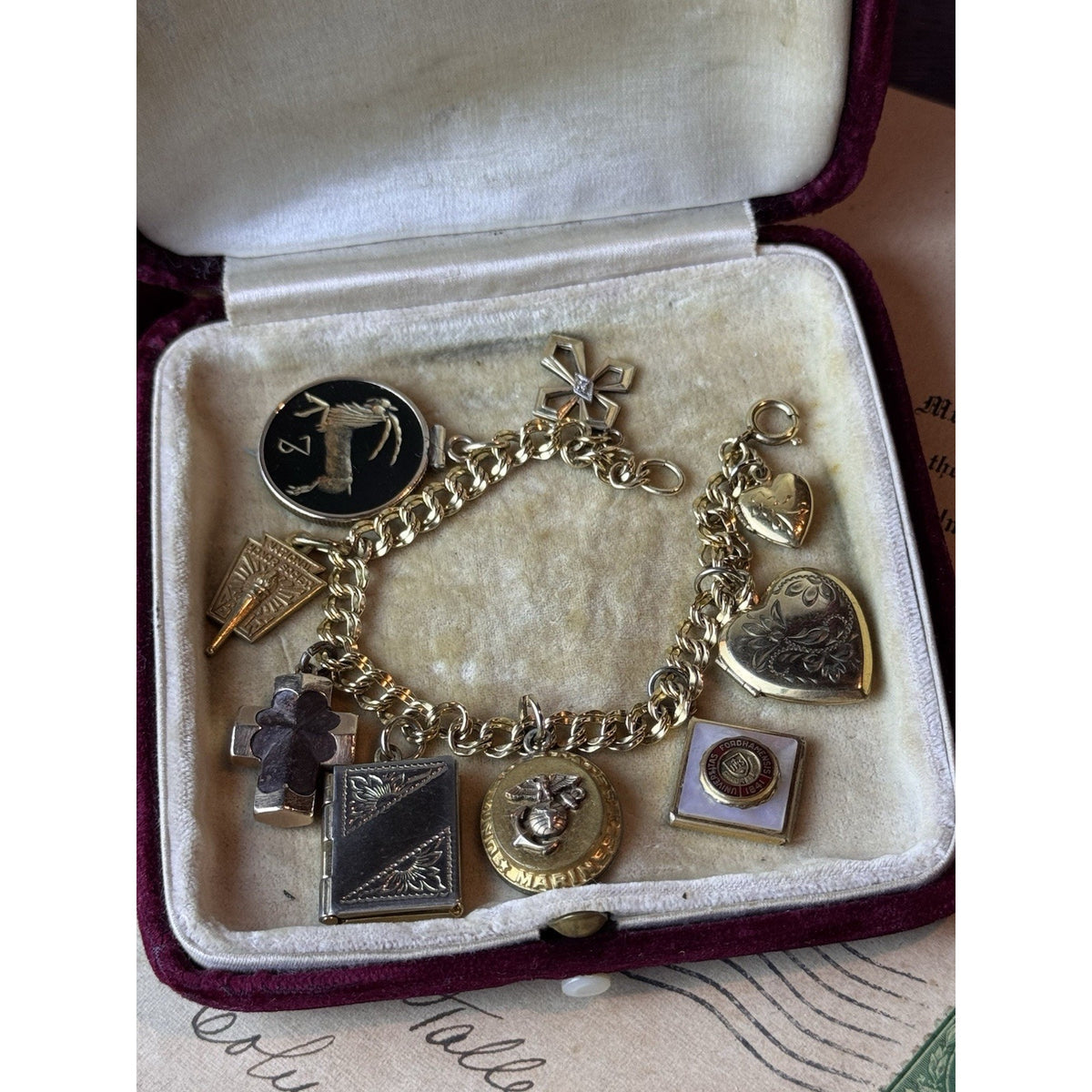Gold-Filled Charm Bracelet 9 Charms Lockets Cross Marine Fordham 6.5”