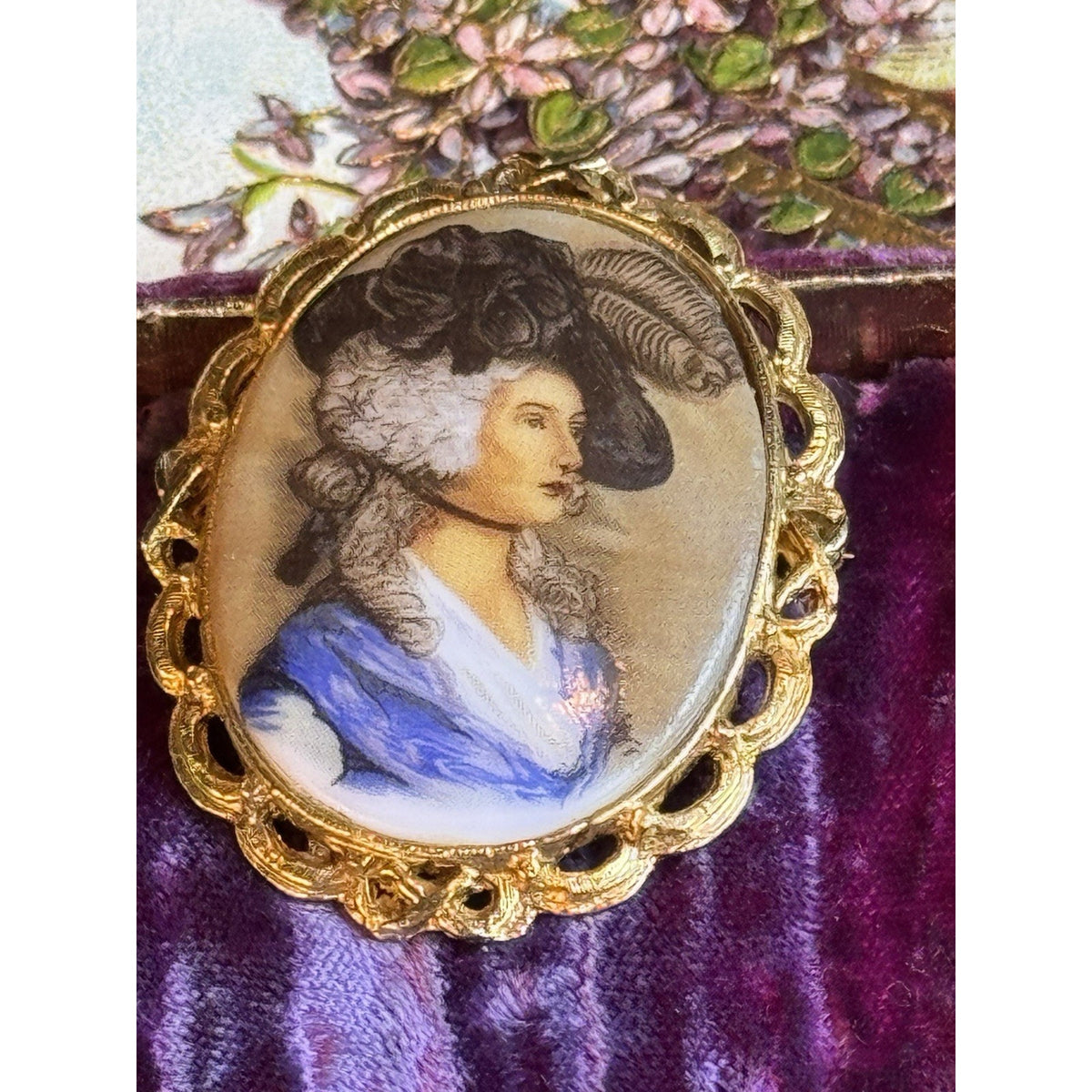 Lady Portrait Brooch VINTAGE Blue Dress Feather Hat Goldtone Oval Frame 2”